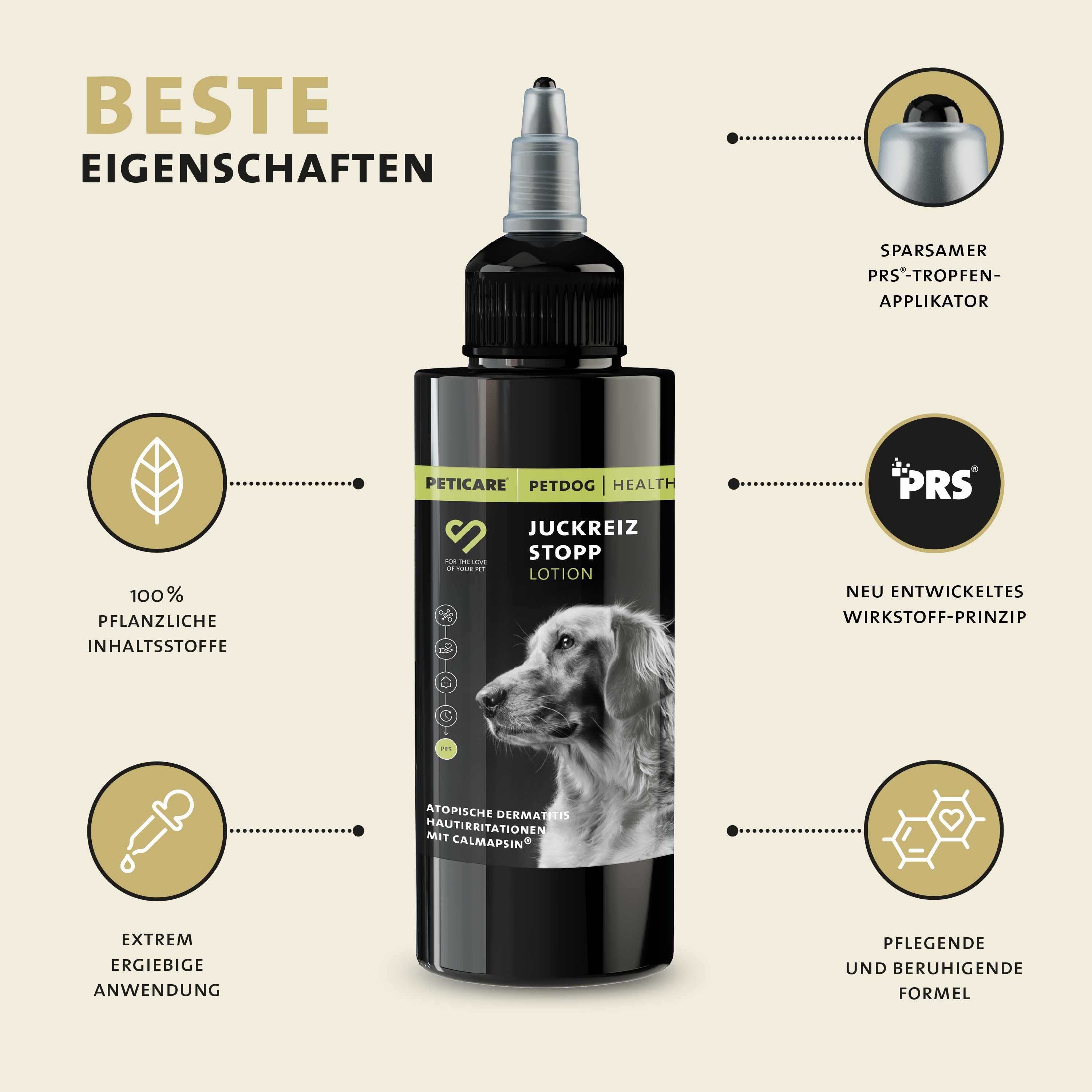 Schwarze Flasche mit Lotion. Aufschrift: Juckreiz Stopp Lotion. Illustrationen zu Vorteilen.