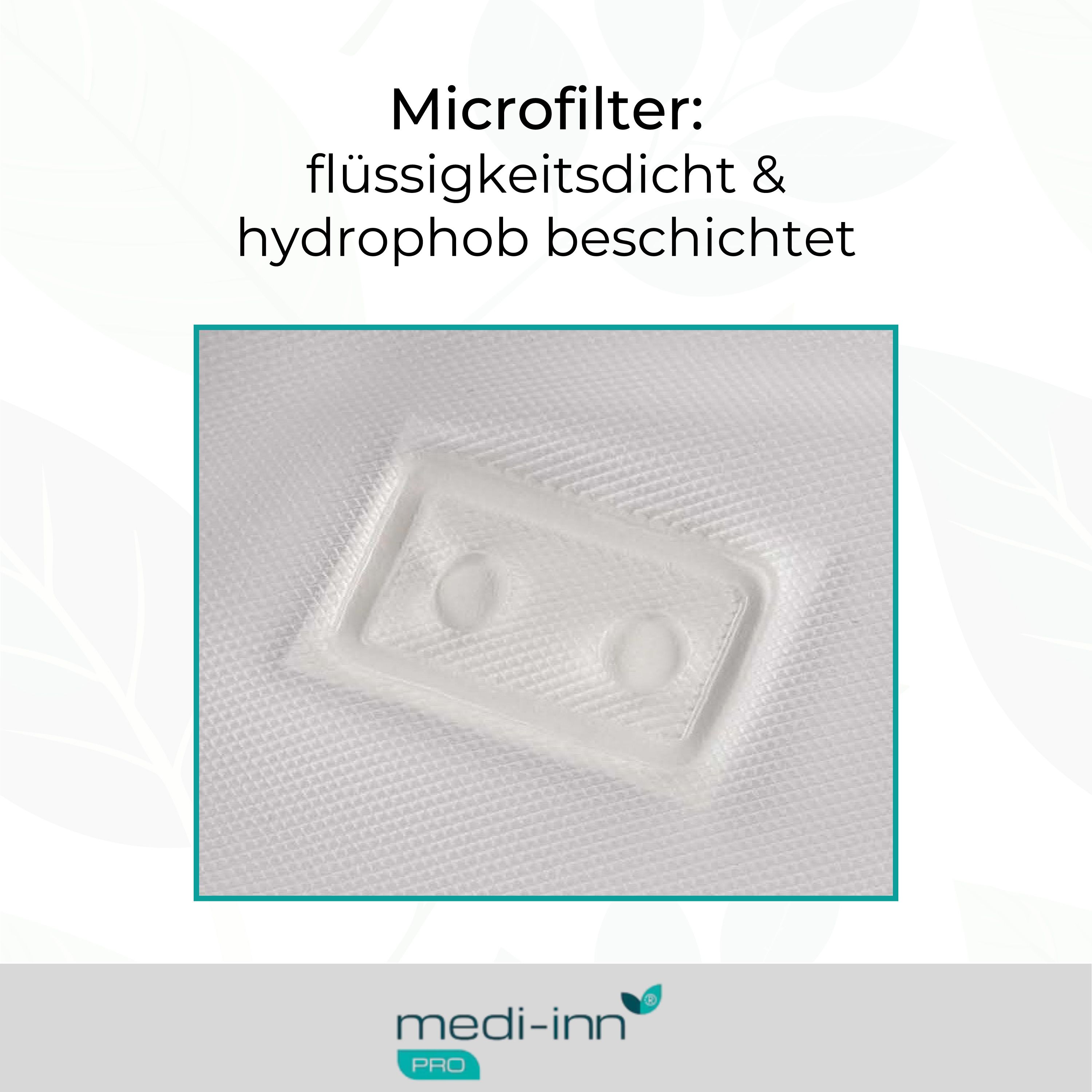 Mikrofilter, flüssigkeitsdicht und hydrophob beschichtet. Rechteckiger, transparenter Kunststoffteil mit zwei runden Öffnungen.