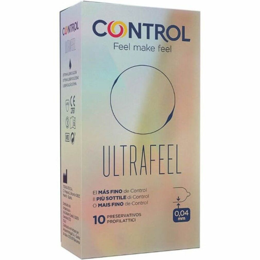 Verpackung "CONTROL ULTRAFEEL" Kondome. Enthält 10 Stück. Text: "El más fino de Control". Dicke: 0,04 mm. CE-Kennzeichnung.