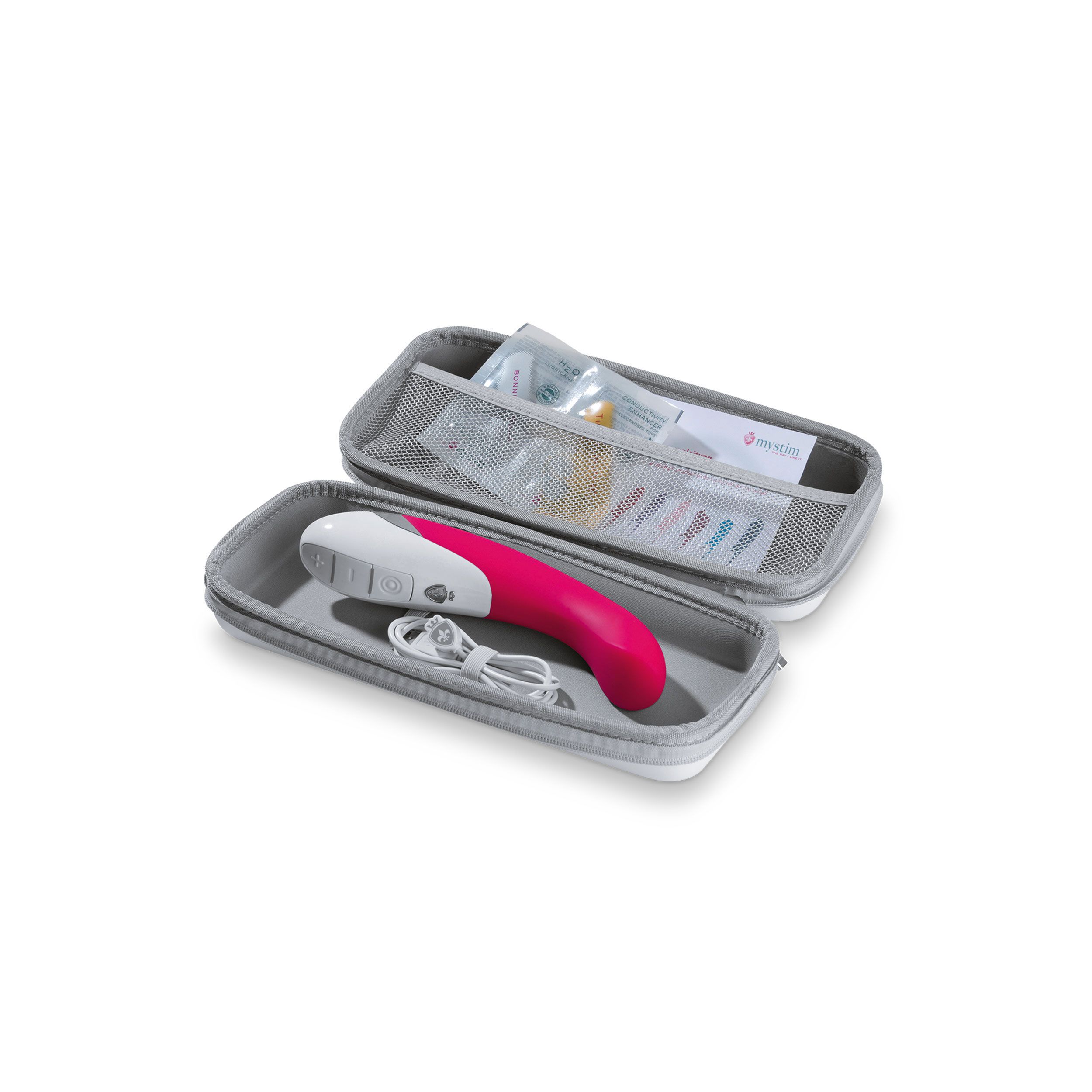 Geöffnete graue Tragetasche. Pinkfarbener Vibrator, Kabel und Zubehör.