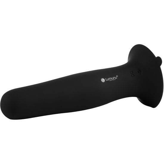 Schwarzer Analvibrator, leicht gebogen, mit breiter Basis. Logo Lumunu. DC-Anschluss.