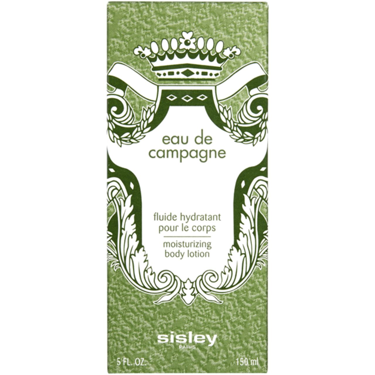 Grüne Verpackung mit Schriftzug Eau de Campagne, Fluide Hydratant pour le corps, Sisley. 150 ml.