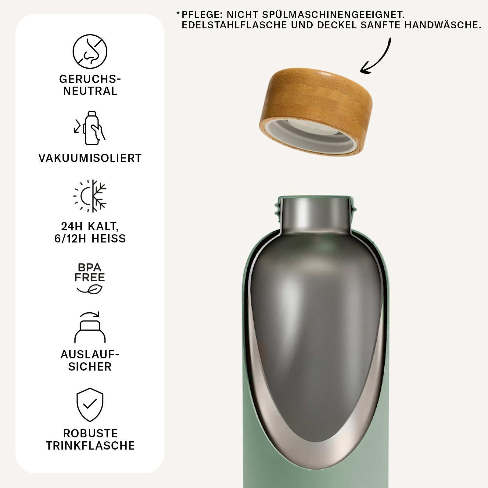 Grüne Trinkflasche mit Holzdeckel. Vakuumisoliert, 24h kalt/12h heiß, BPA-frei, auslaufsicher. Robust.