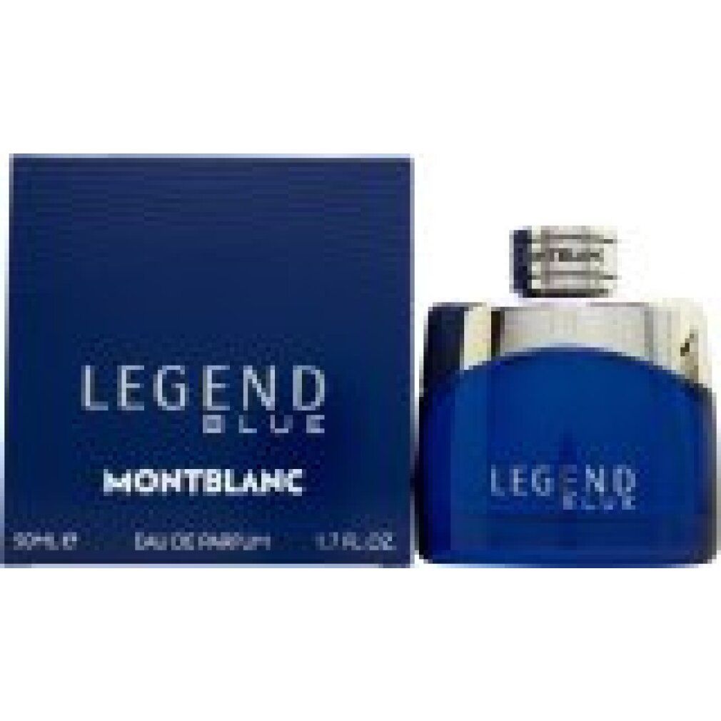 Blauer Flakon und Schachtel. Aufschrift: LEGEND BLUE, MONTBLANC. 50 ml, Eau de Parfum, 1.7 FL.OZ.