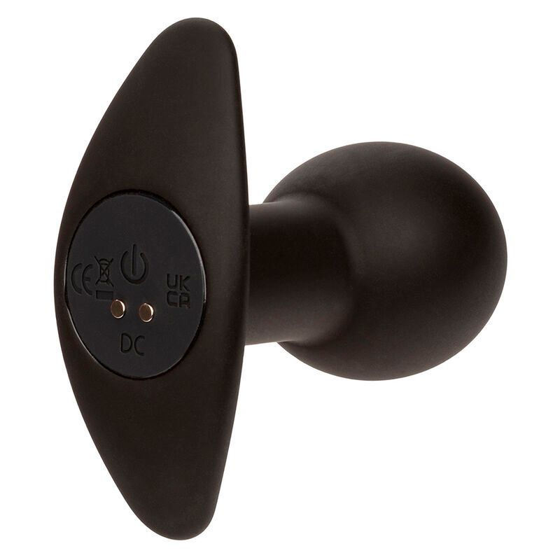 Schwarzer Analplug aus Silikon mit flügelartigem Griff. Auf der Rückseite befinden sich Symbole für Strom und Aufladung.