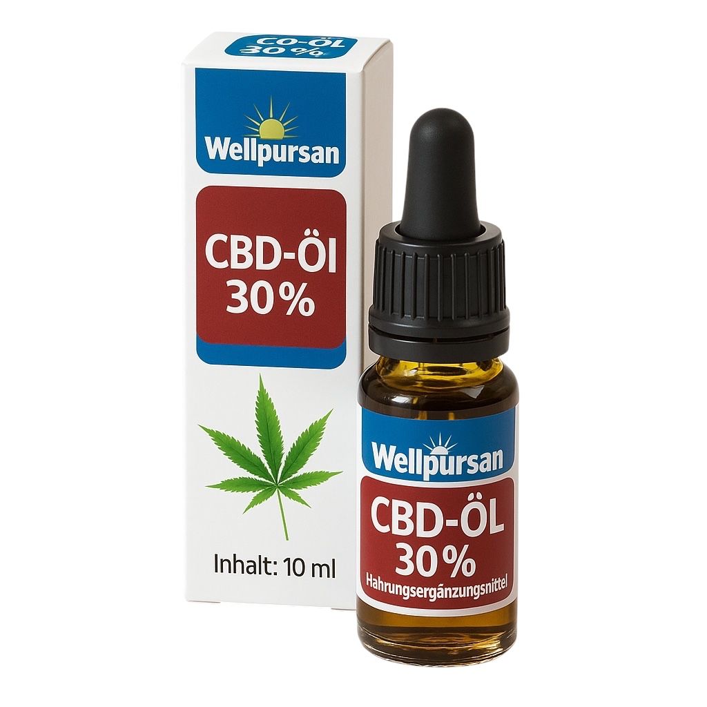 Braune Glasflasche mit schwarzem Verschluss und weißer Verpackung. Aufschrift: Wellpursan CBD-Öl 30%.