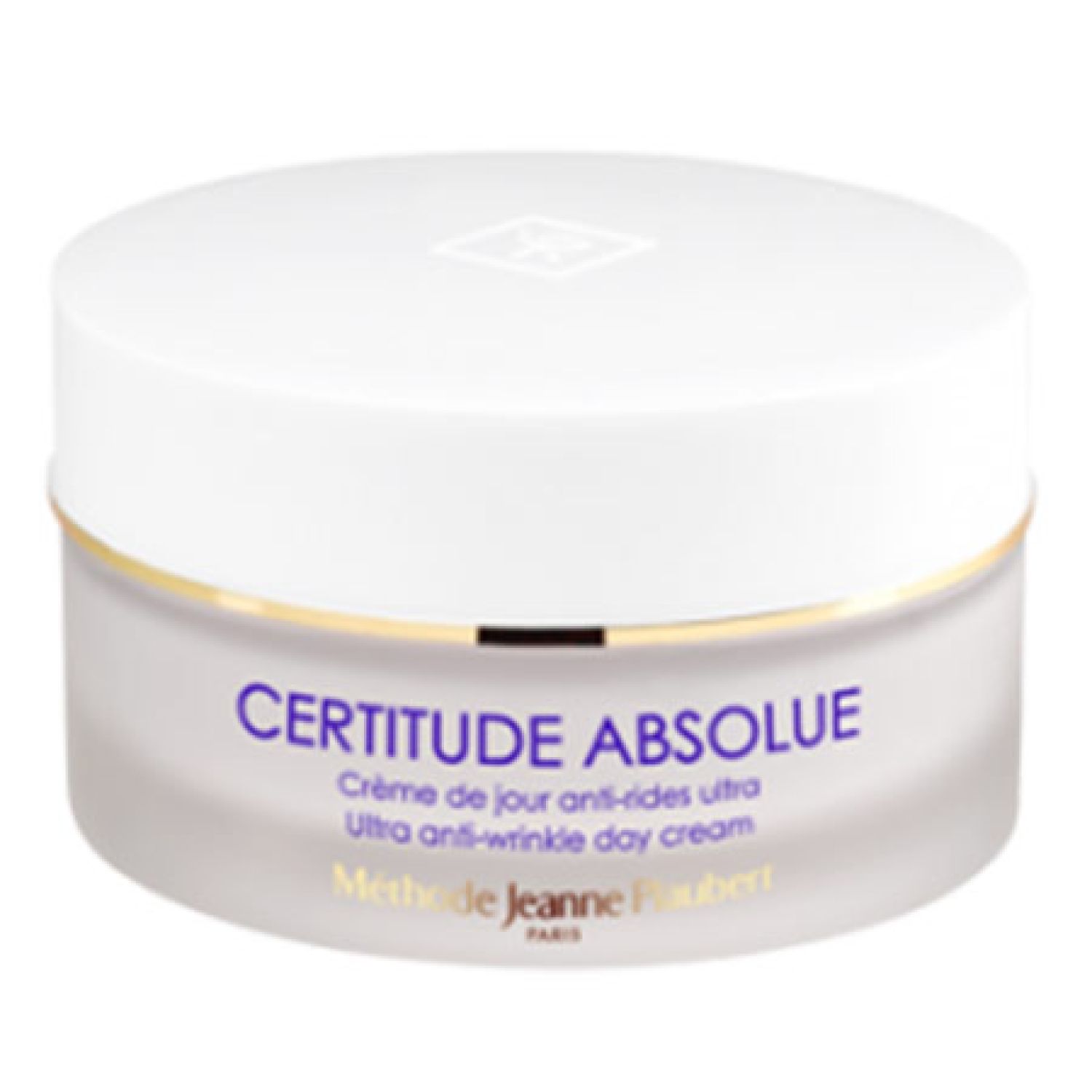 Creme-Dose mit weißem Deckel. Schriftzug Certitude Absolue, Crème de jour anti-rides ultra, Méthode Jeanne Piaubert.