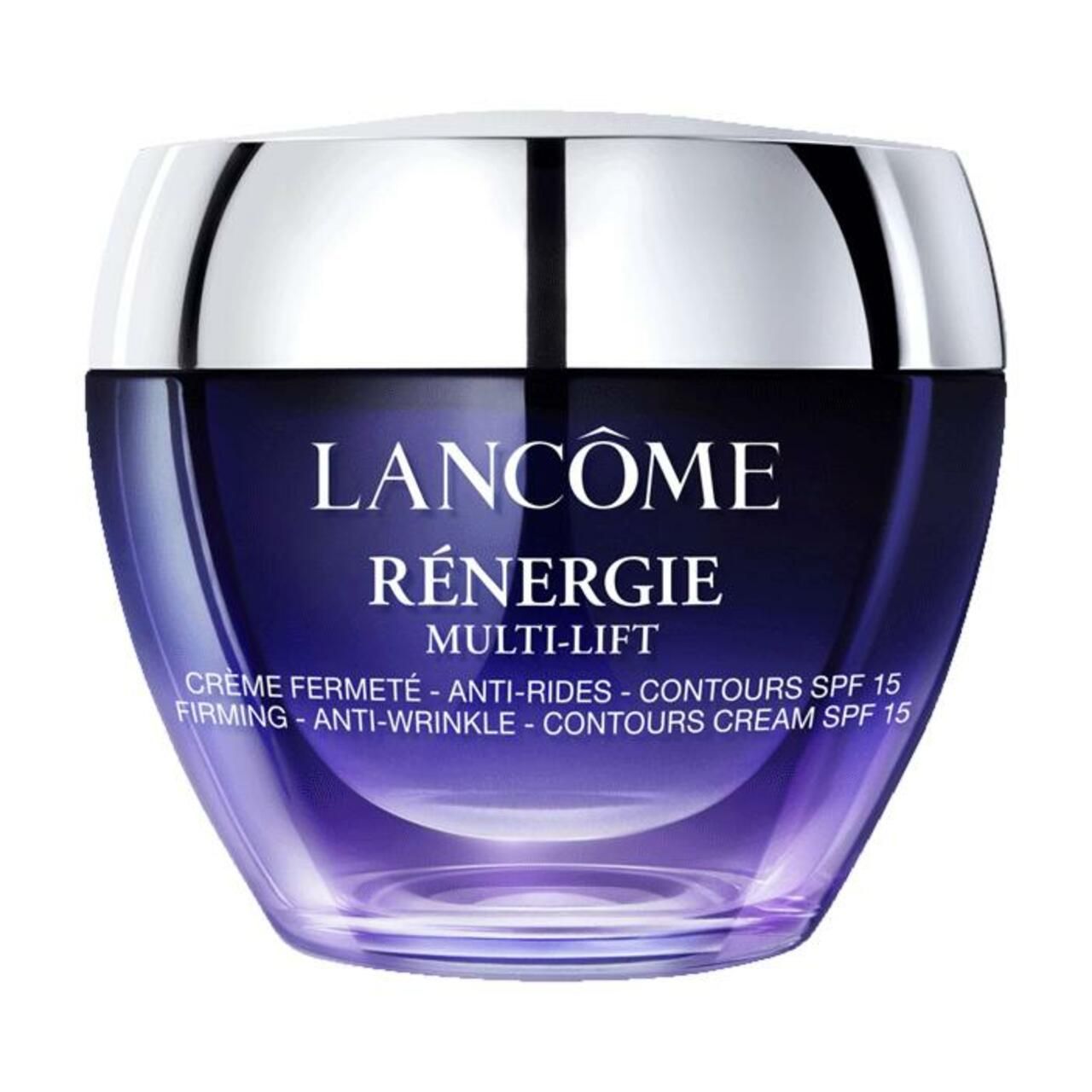 Tiegel Lancôme Rénergie Multi-Lift Crème LSF 15. Blau-violetter Farbverlauf, silberner Deckel. Text: Rénergie, Multi-Lift, Creme, LSF 15.