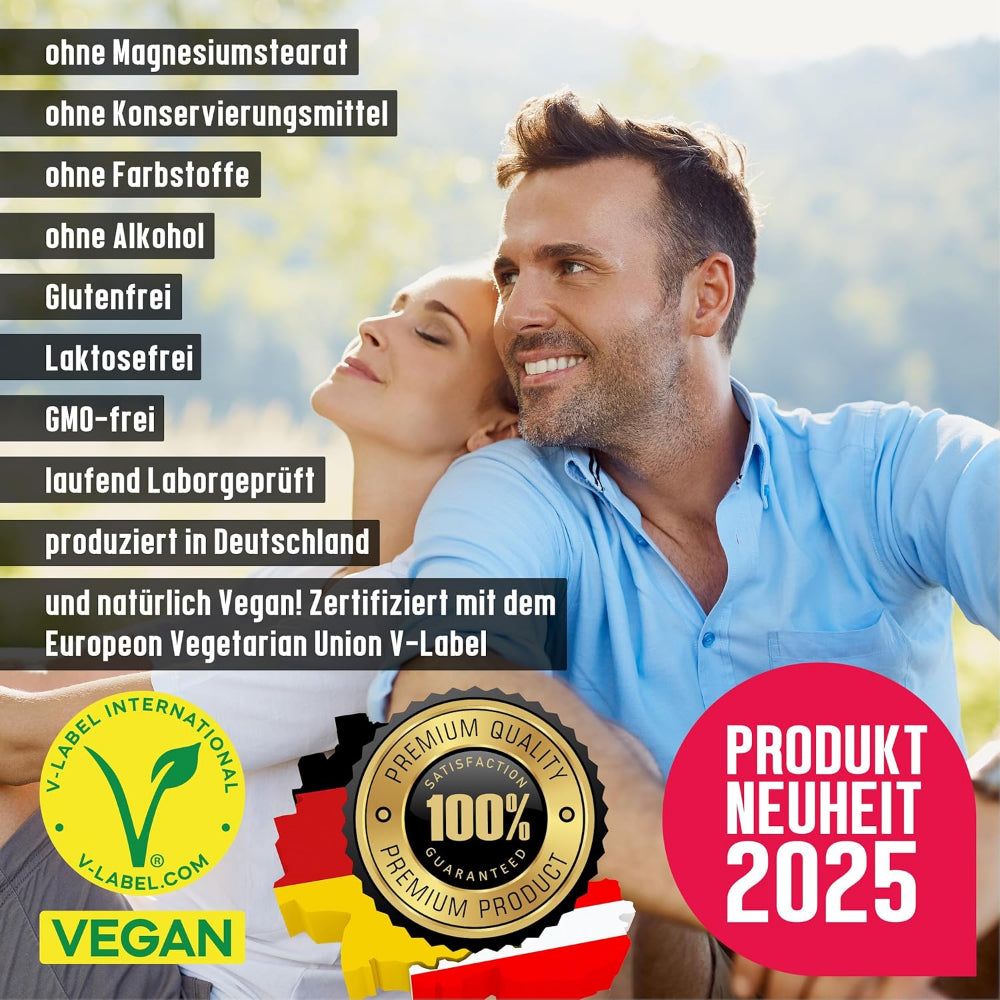 Paar lächelt. Text: Ohne Inhaltsstoffe, Vegan, V-Label, Premium Qualität, Produkt Neuheit 2025. Flaggen: Deutschland.