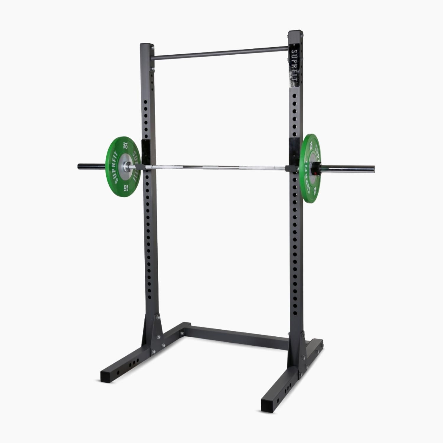 Schwarzes Suprfit Rutilo Half Rack mit Langhantel und Gewichten. Stahlkonstruktion mit horizontaler Stange und Gewichtsaufnahmen.