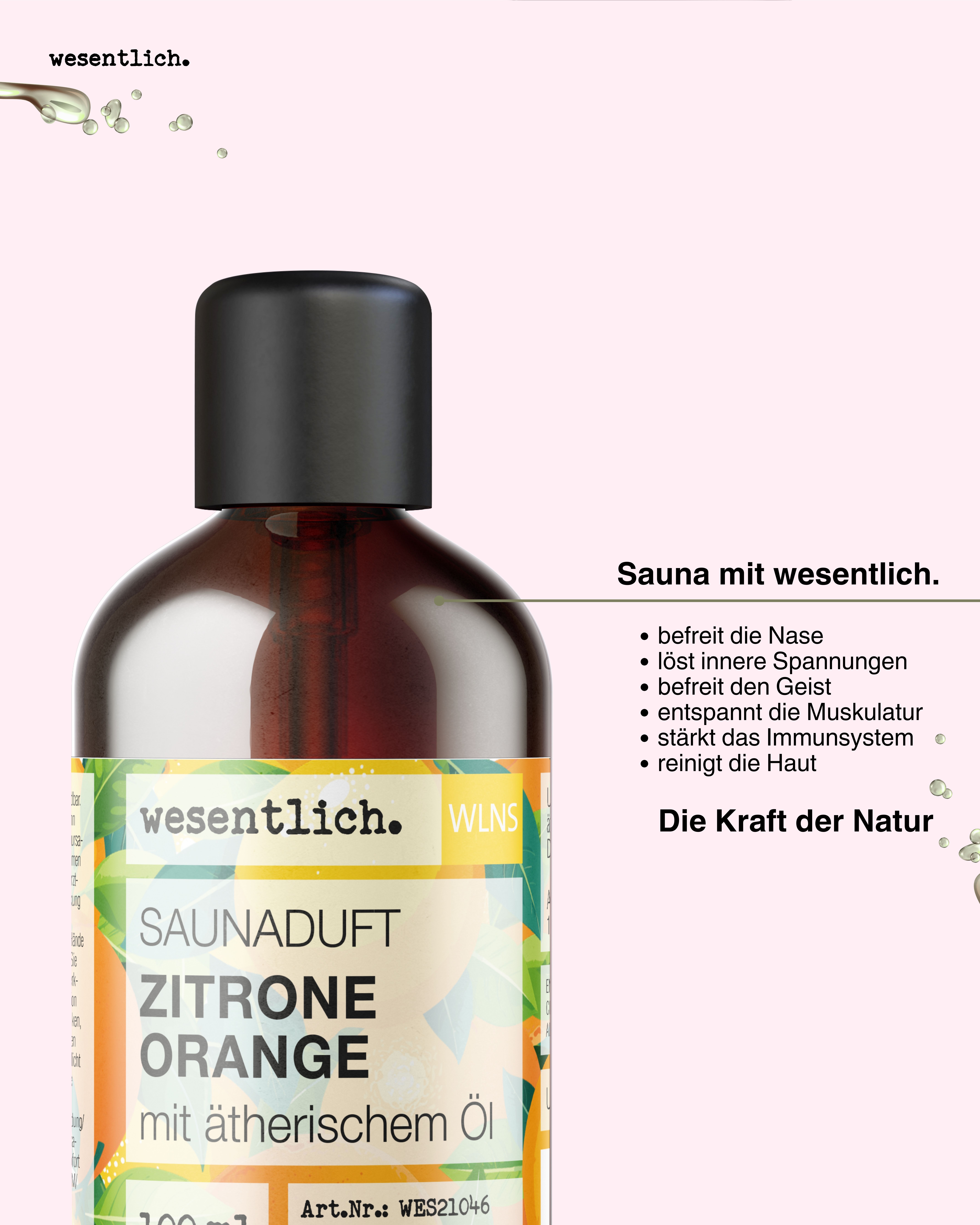Braunglasflasche mit schwarzem Deckel. Etikett "Saunaduft Zitrone Orange". Text: Sauna mit wesentlich. Vorteile.
