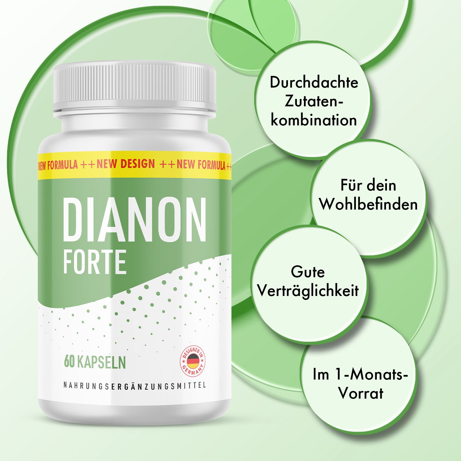 Weiße Kapsel-Dose mit grünem Etikett. Aufschrift: DIANON FORTE, 60 Kapseln. Text: Nahrungsergänzungsmittel. Mit grünen Kreisen und Text.