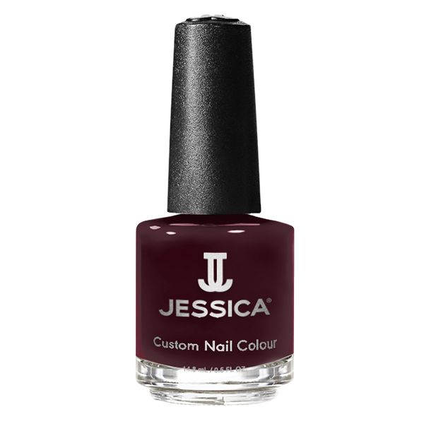 Nagellackflasche mit schwarzem Deckel. Aufschrift: JESSICA Custom Nail Colour. Dunkelrote Farbe.