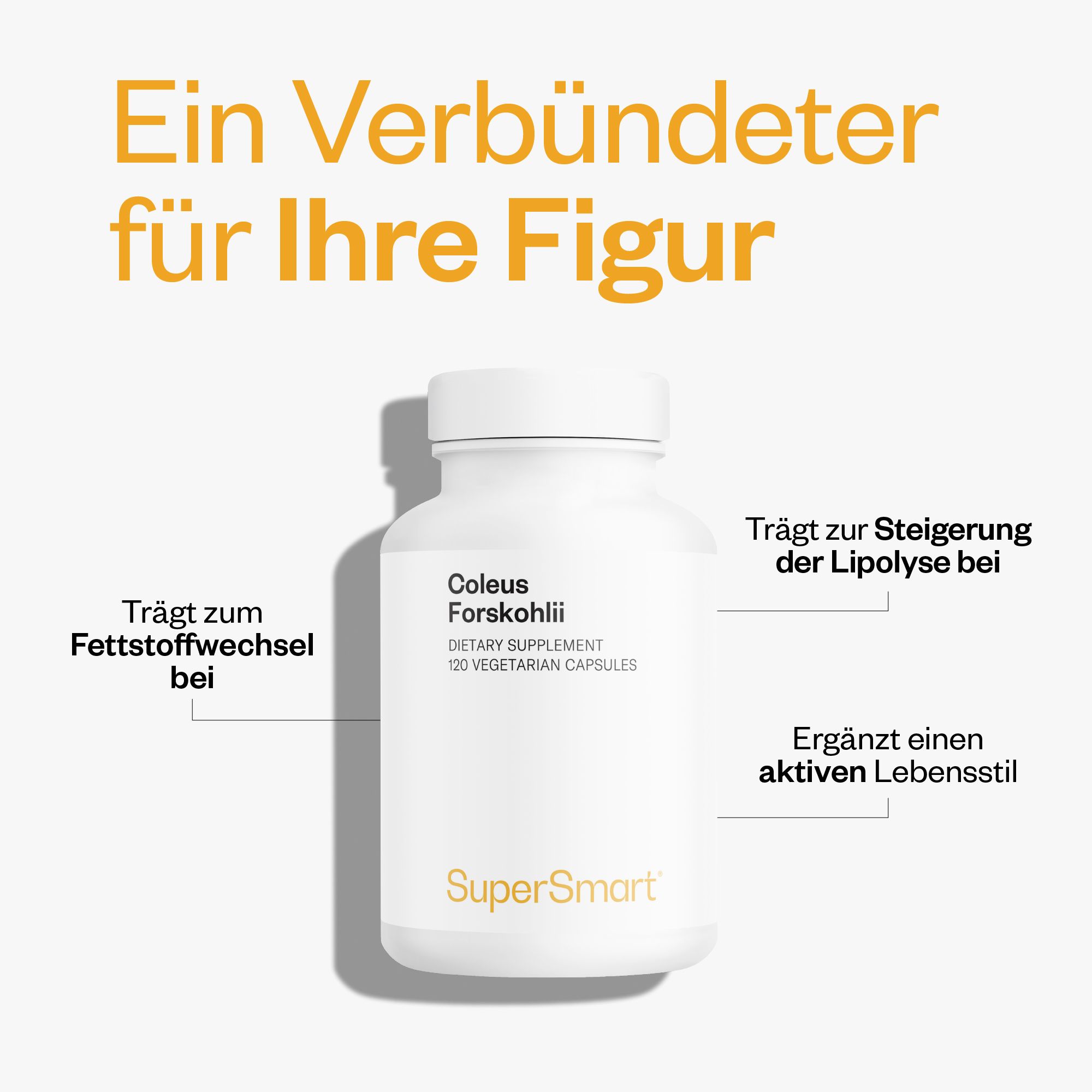 Weiße Flasche mit Coleus Forskohlii, 120 vegetarischen Kapseln. SuperSmart. Text: Trägt zum Fettstoffwechsel bei.
