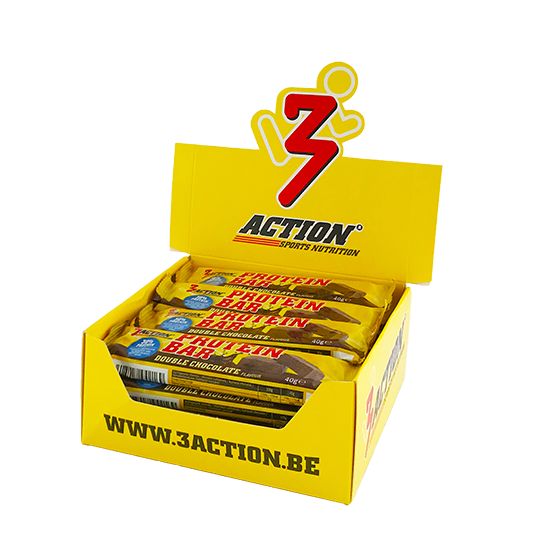 Gelbe Kartonbox mit Proteinriegeln. Aufdruck: 3Action, Protein Bar, Double Chocolate. Logo: 3Action Sports Nutrition. Website-Adresse.