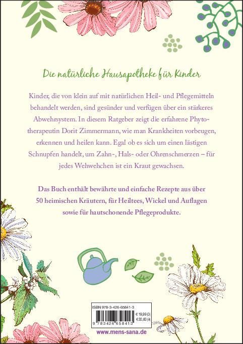 Buchrücken mit Text und Illustrationen. Titel: Die natürliche Hausapotheke für Kinder. ISBN-Nummer sichtbar.