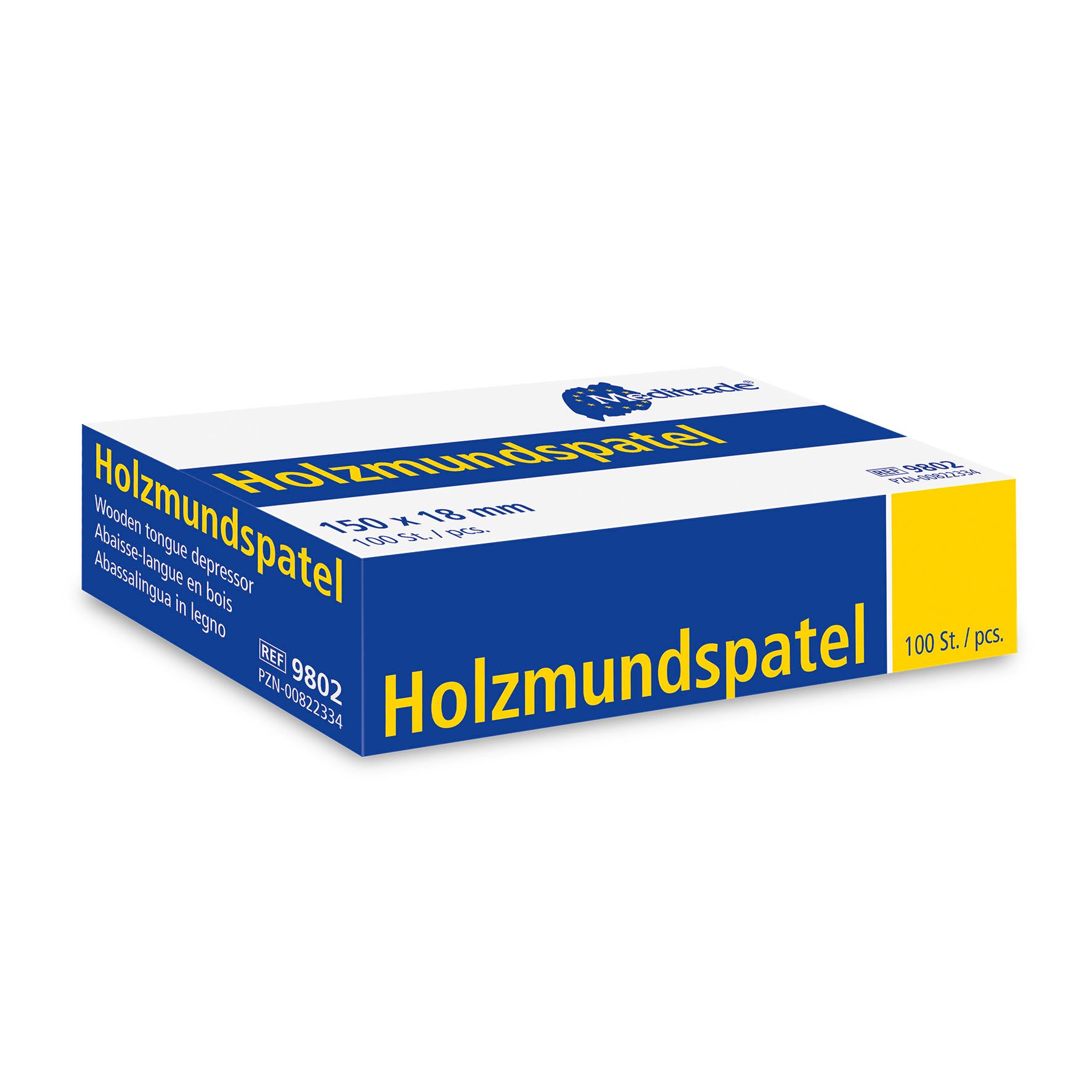Karton mit Holzmundspateln. Blaue und weiße Verpackung mit Produktbezeichnung und Herstellerlogo. 100 Stück.