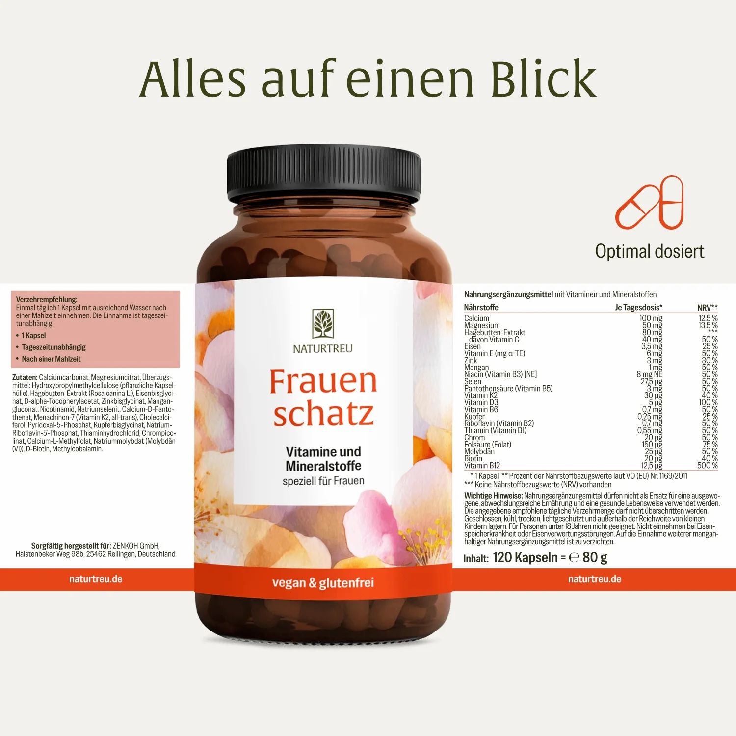 Flasche mit Etikett, das Nährwertangaben und Inhaltsstoffe detailliert auflistet. Kapsel-Symbol oben rechts.