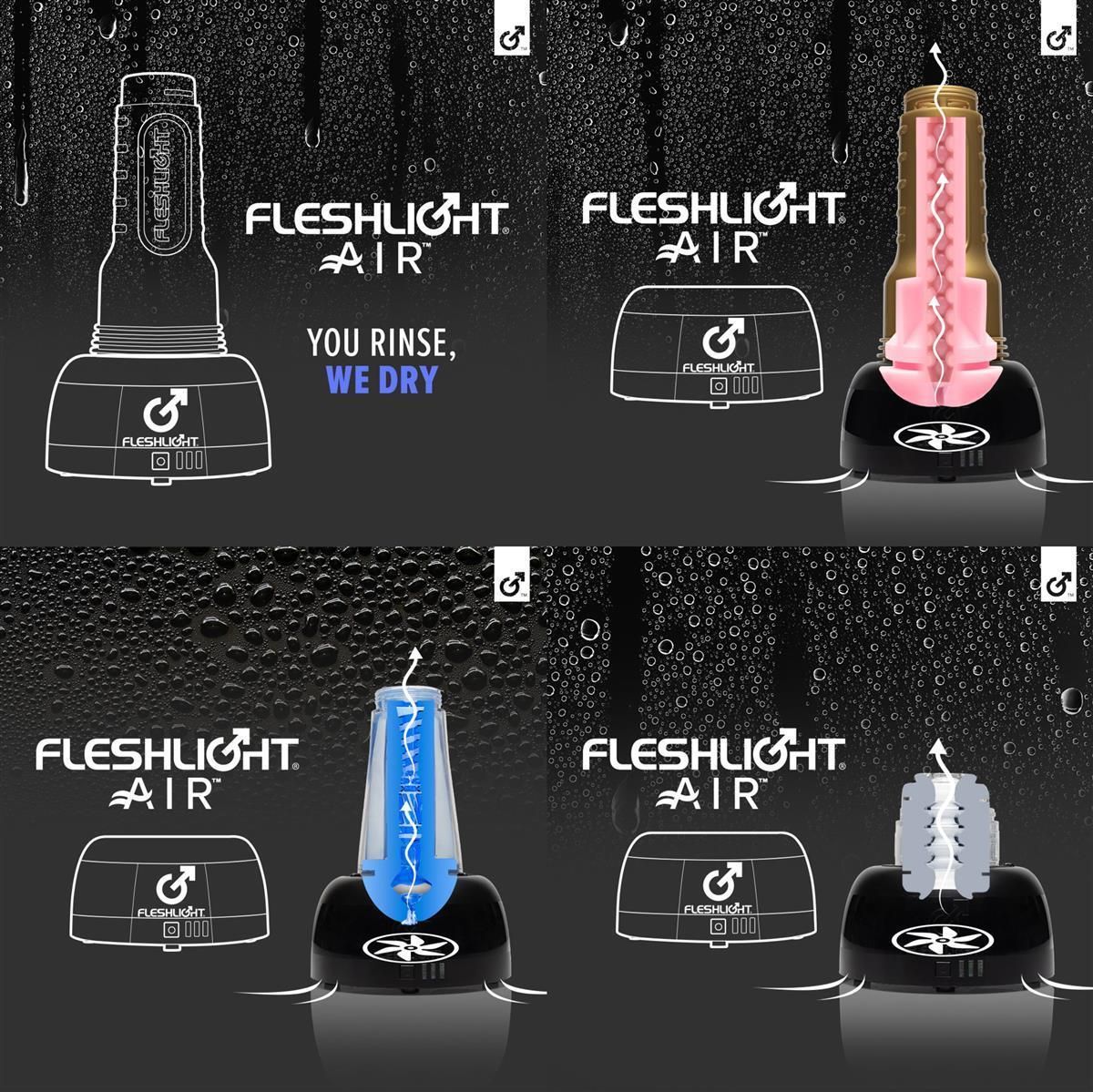 Vier FLESHLIGHT AIR-Geräte. Verschiedene Designs, mit Text: YOU RINSE, WE DRY.