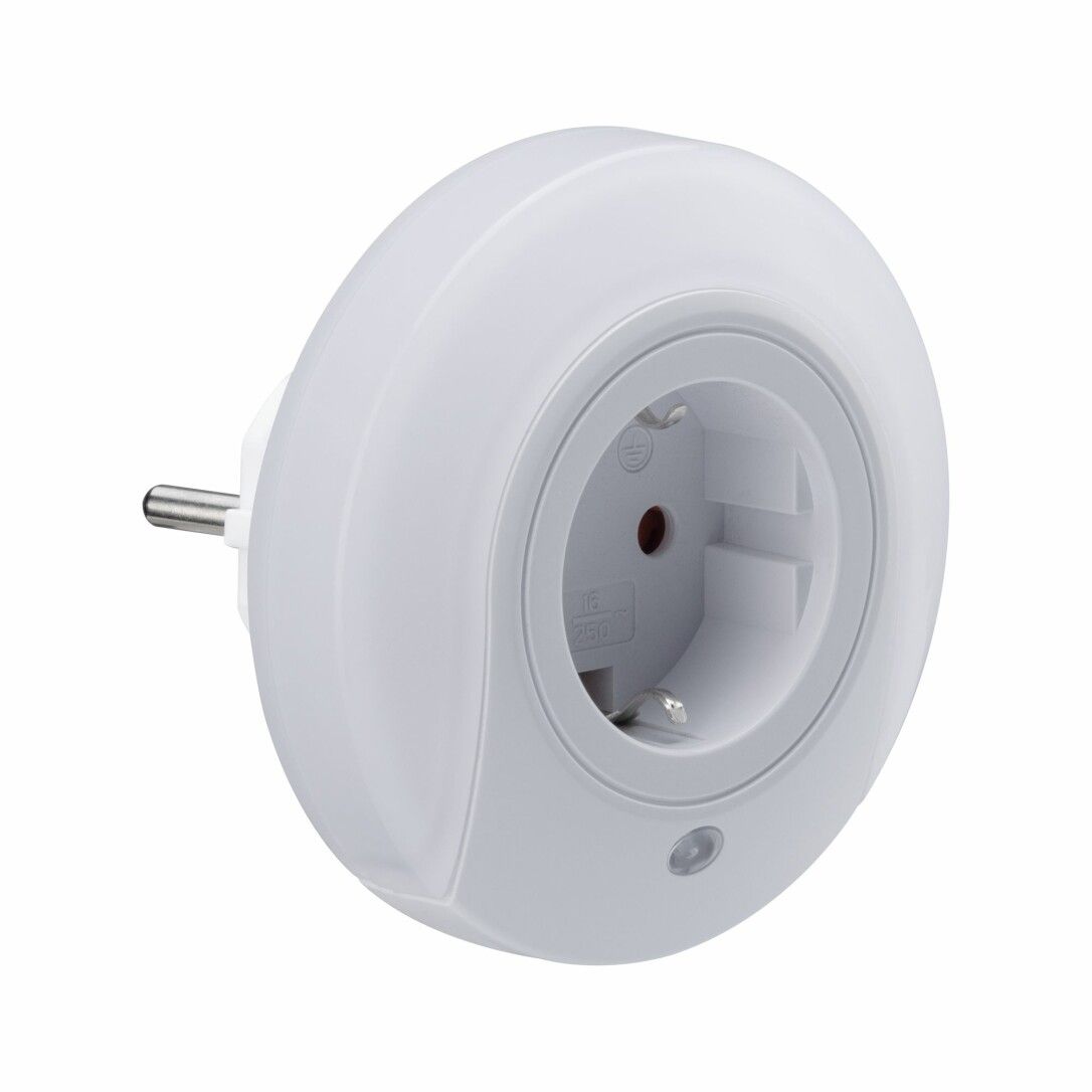 Steckdose mit LED-Nachtlicht, weißes Gehäuse, grauer Sockel, runde Form, Stecker.