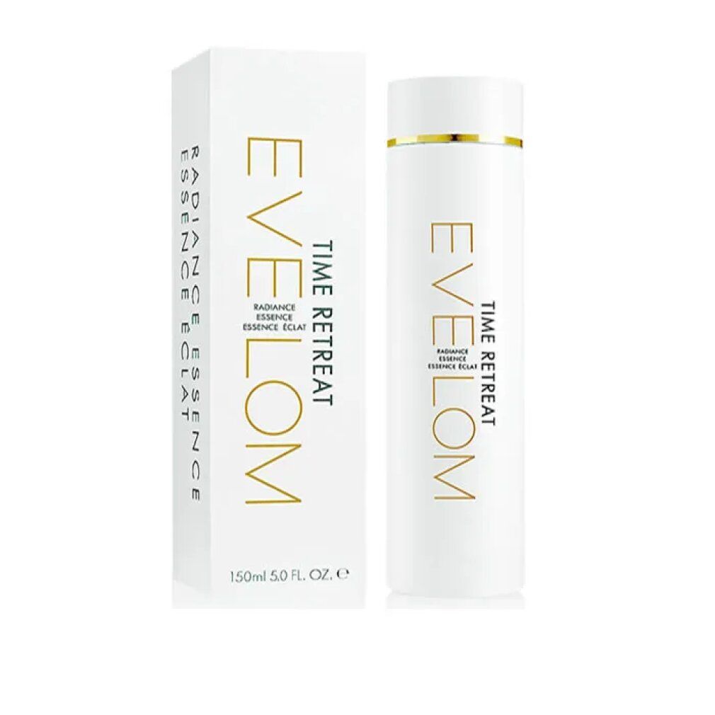 Weiße Flasche und Verpackung. Goldfarbener Schriftzug: EVE LOM, TIME RETREAT, RADIANCE ESSENCE ÉCLAT. 150ml.