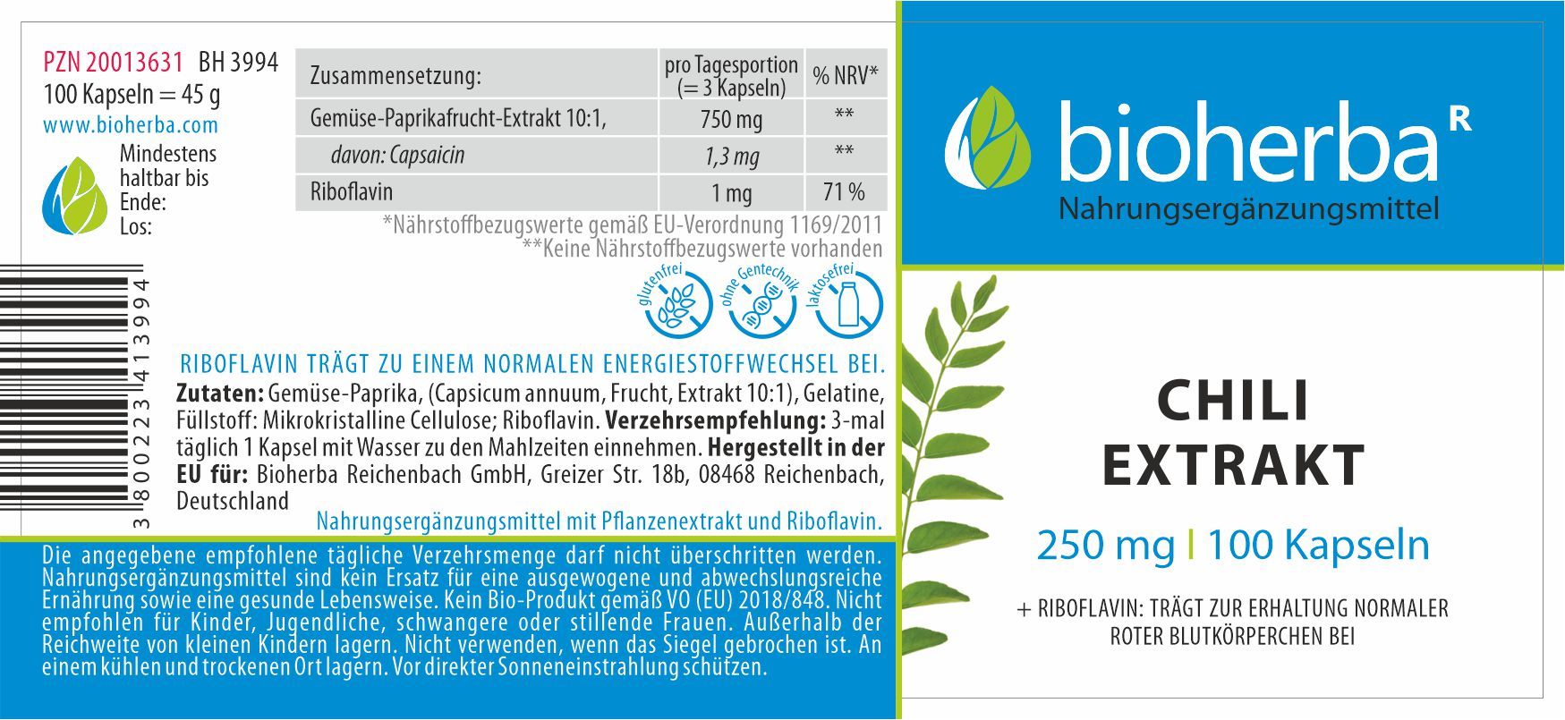 Etikett mit Produktinformationen. Enthält Chili Extrakt Kapseln, 250 mg, 100 Kapseln. Marke: Bioherba. Enthält Riboflavin.