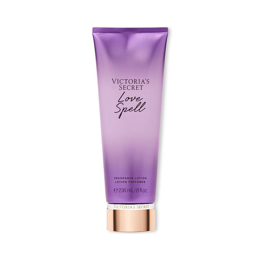 Lila Körperlotion-Tube. "Victoria's Secret Love Spell"-Logo. Goldener Verschluss. 236 ml.