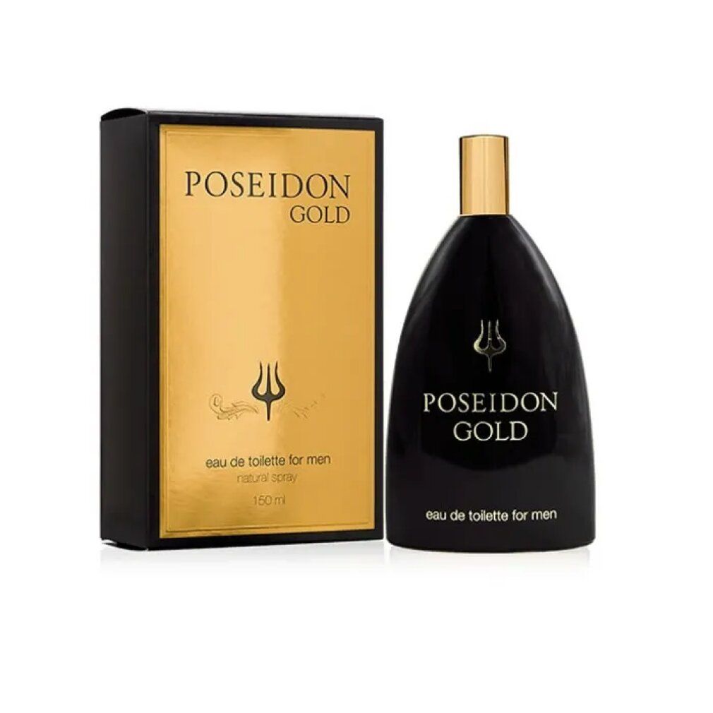 Poseidon Gold Eau de Toilette Spray für Männer, 150 ml. Schwarze Flasche mit goldenem Etikett und Kappe.