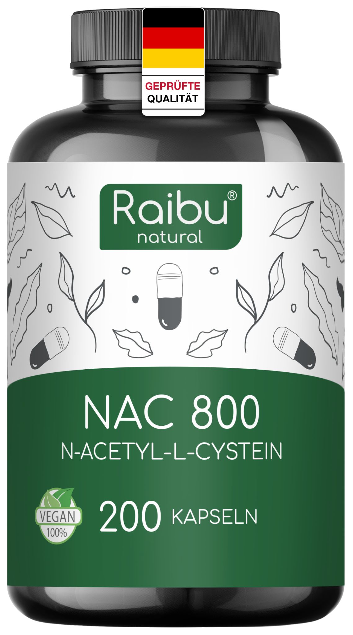Braune Flasche mit schwarzen Deckel. Etikett mit Raibu-Logo, NAC 800, 200 Kapseln. Vegan-Siegel. Geprüfte Qualität.