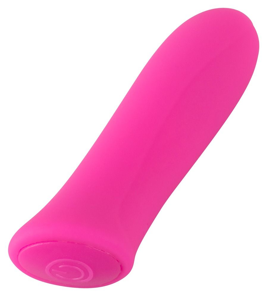Pinkfarbener Vibrator. Zylindrische Form mit abgerundeter Spitze und leicht gebogener Basis.
