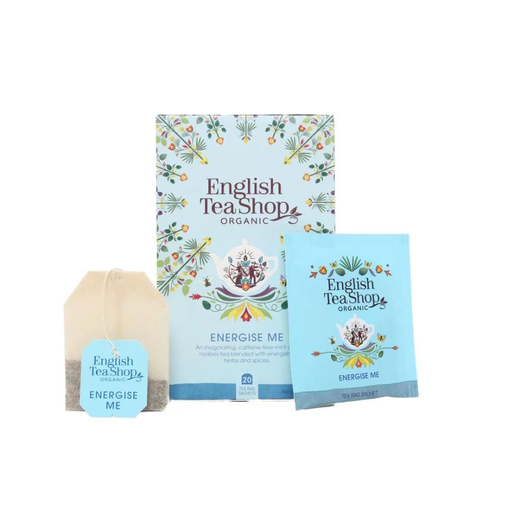 Teebeutel, Einzelverpackung und Teebox. Aufschrift: English Tea Shop ORGANIC, ENERGISE ME, BIO.
