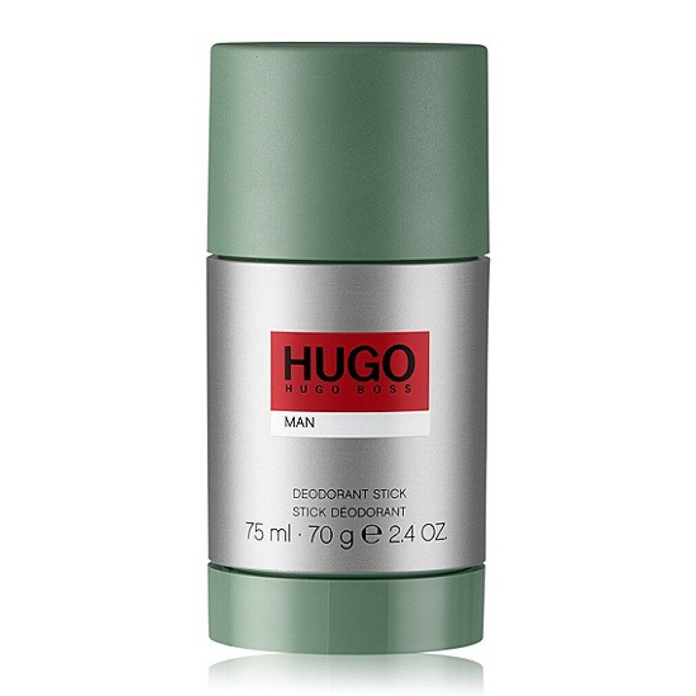 Deodorant-Stick. Grün-silberne Verpackung. Roter Schriftzug HUGO MAN. Text: Deodorant Stick, 75ml-70g-2.4oz.