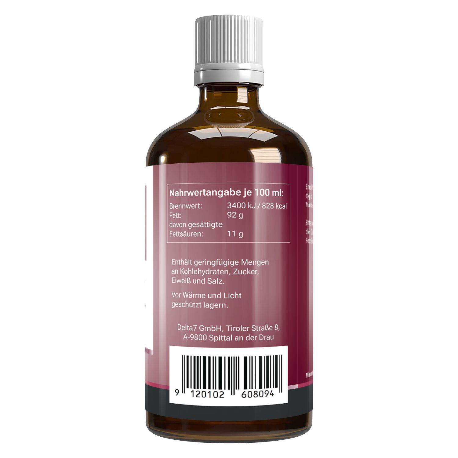 Rückseite der braunen Glasflasche mit weißem Deckel. Nährwertangaben pro 100 ml. Barcode und Firmenadresse.