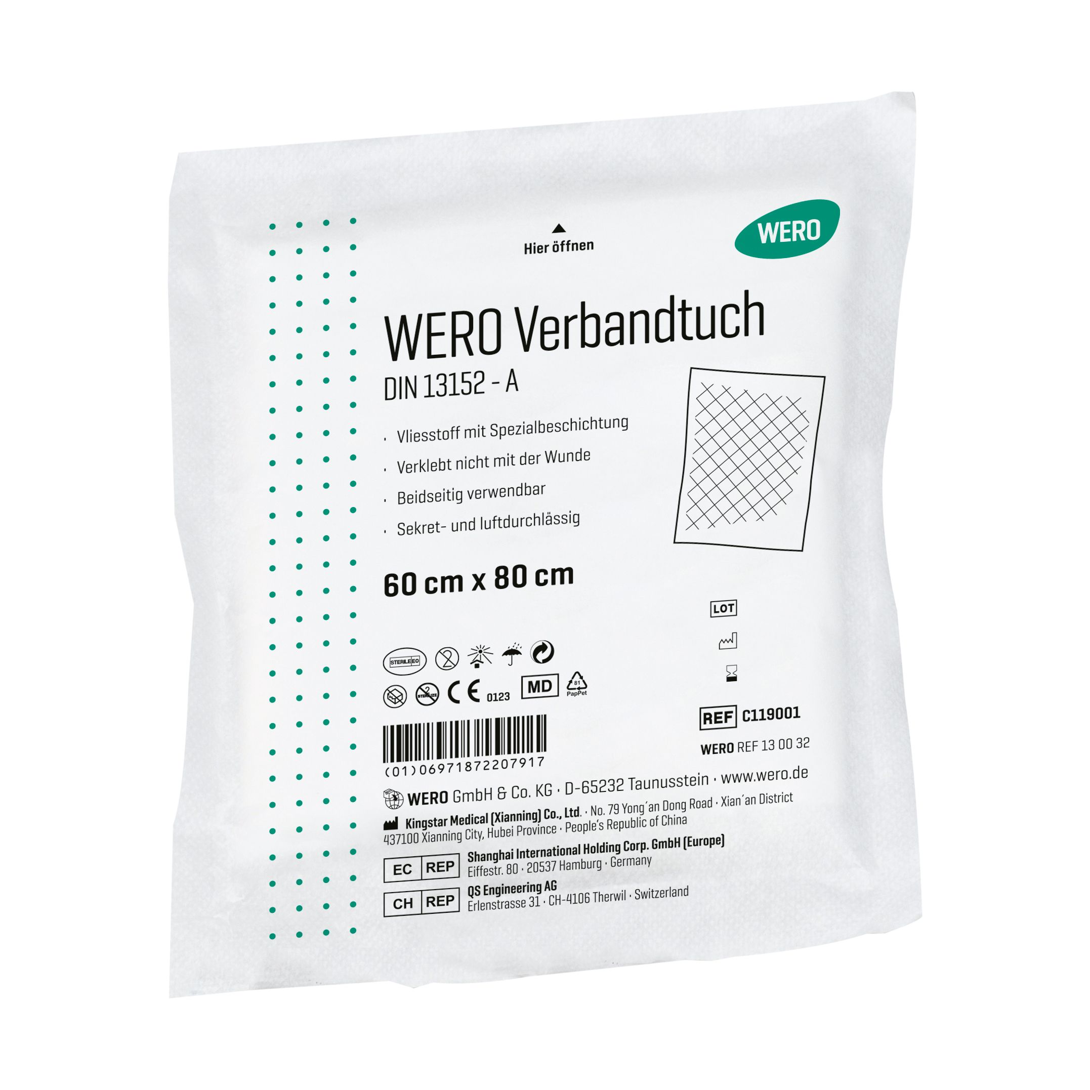 Verbandtuch in Folienverpackung. Aufdruck: WERO Verbandtuch DIN 13152-A, 60 x 80 cm. Mit Zertifizierungen und Piktogrammen.