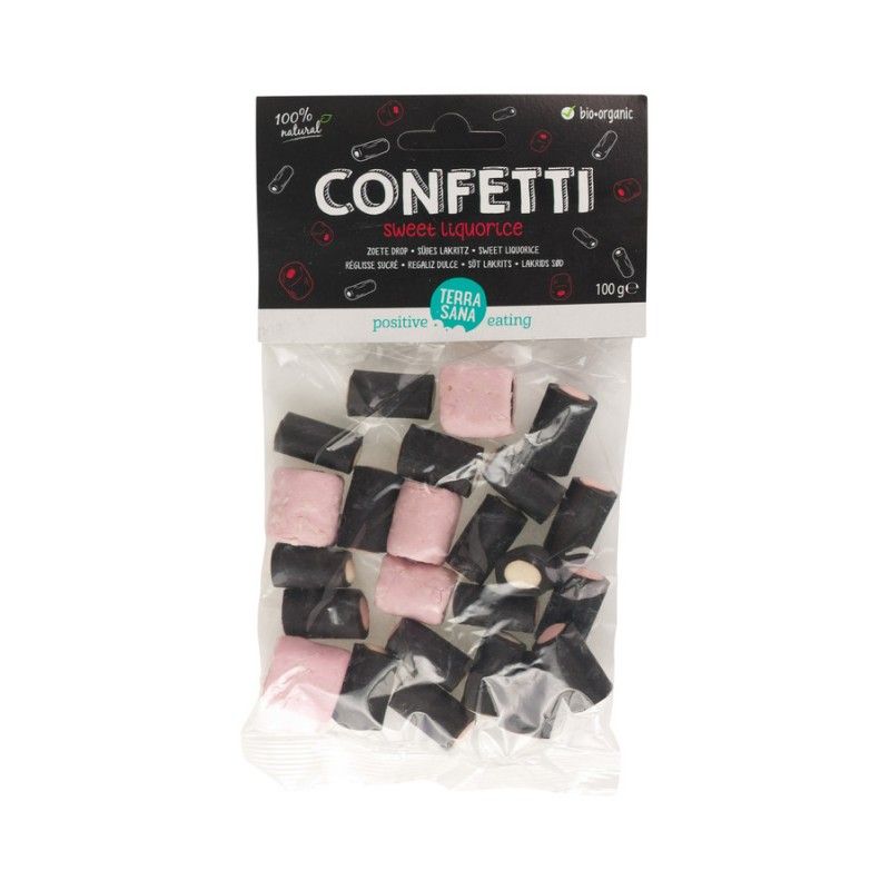Beutel mit Konfetti-Lakritz. Schwarze und rosa Lakritzstücke. Aufschrift "Confetti Sweet Liquorice". Marke: Terra Sana.