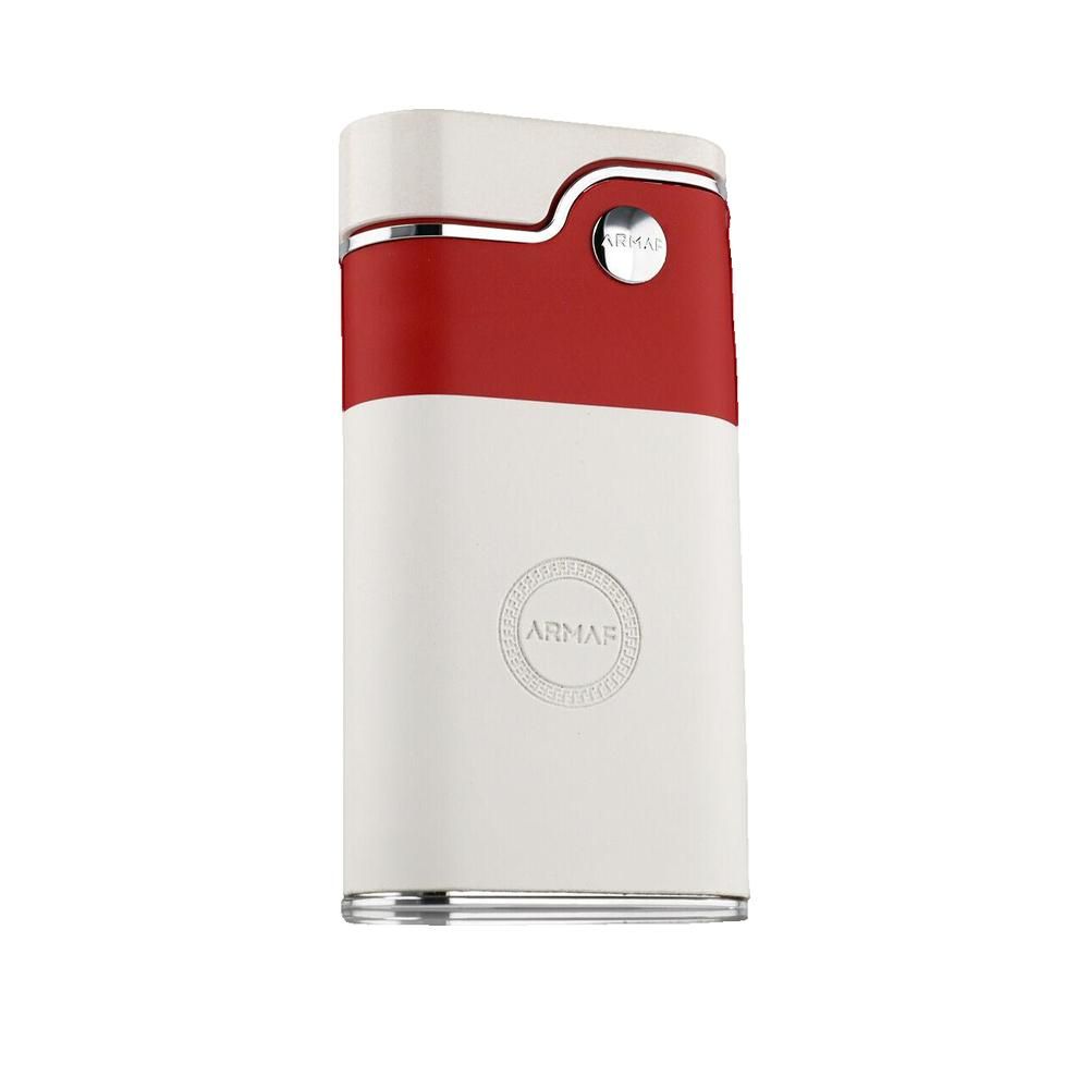 Weiß-roter Flakon mit silbernen Akzenten. Oben und unten weiß, in der Mitte rot. Rundes Logo mit Schriftzug.