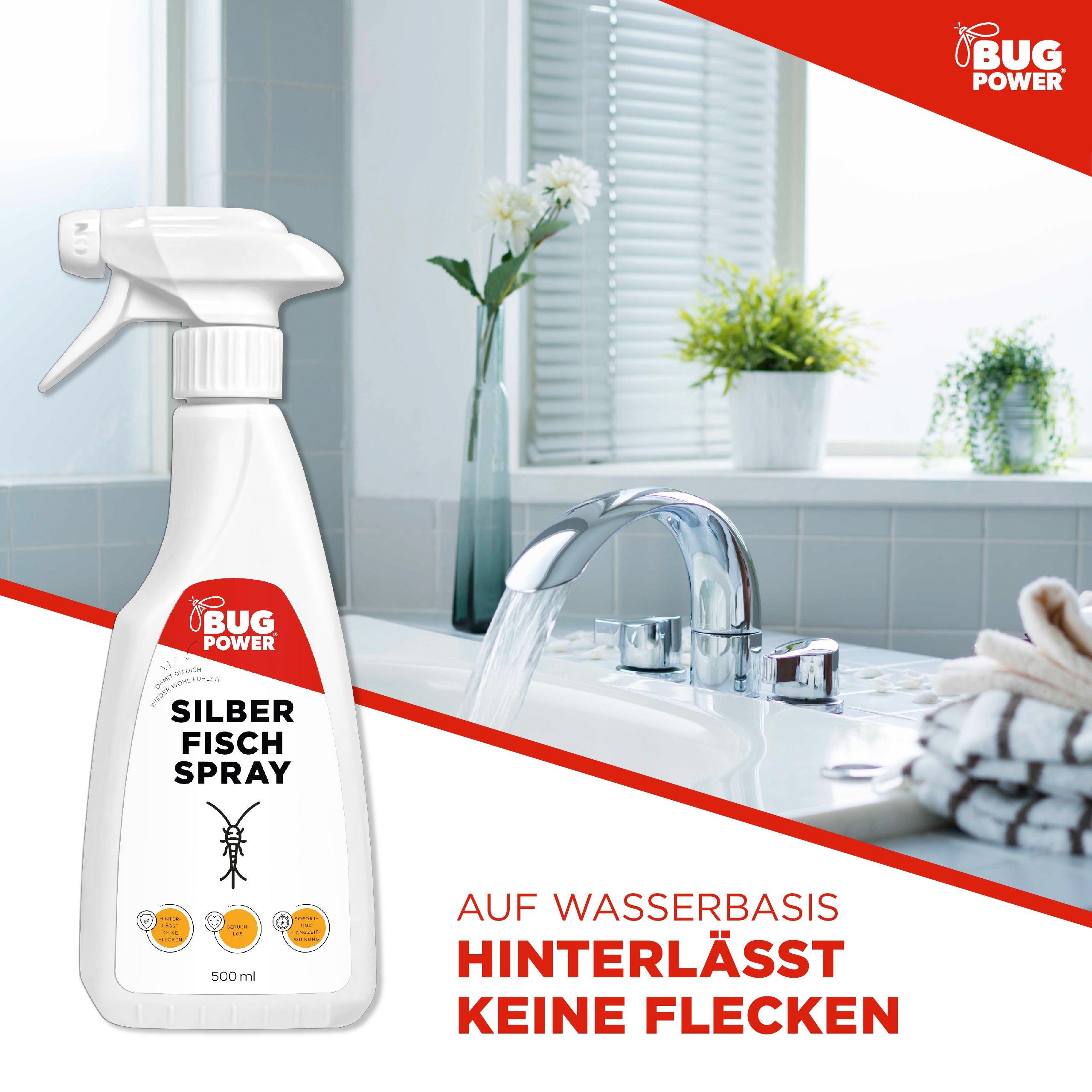 Weiße Sprühflasche vor Bad-Hintergrund. Aufschrift: Silberfisch Spray. Text: Auf Wasserbasis, hinterlässt keine Flecken.