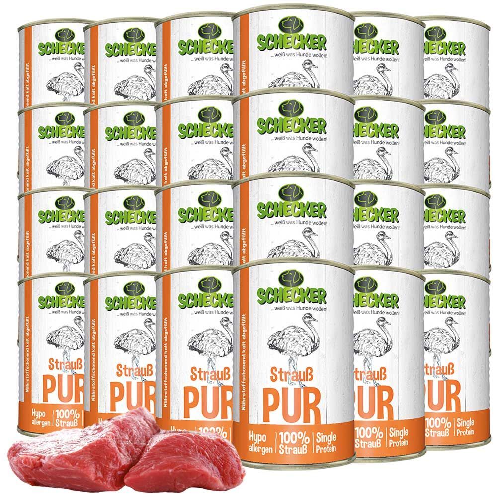Mehrere Dosen Nassfutter, Schecker Strauß PUR, gestapelt. Daneben rohes Fleisch. Aufschrift: Strauß PUR, 100% Strauß, hypoallergen.