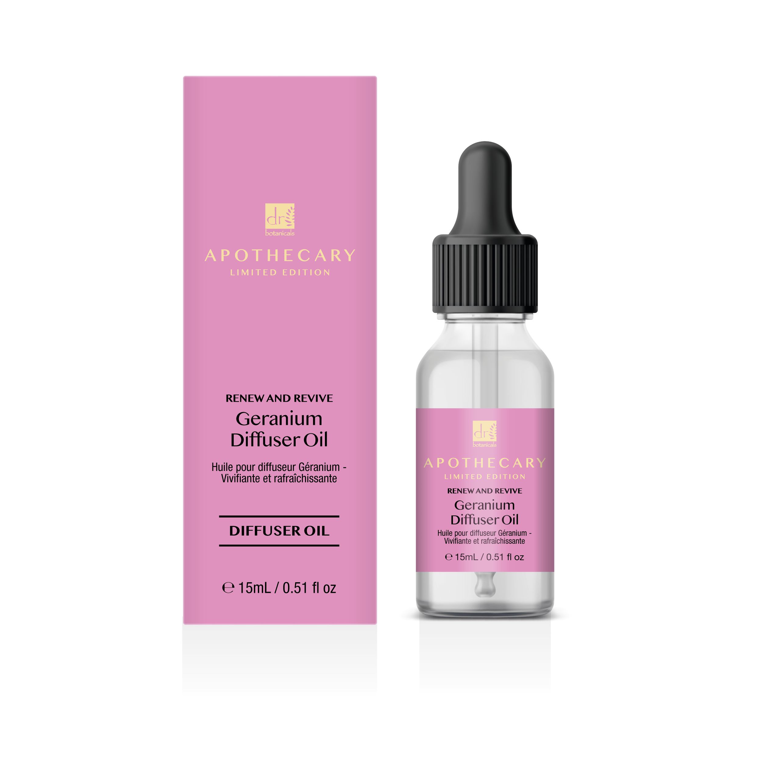 Fläschchen mit Pipette und Verpackung. Aufschrift: Geranium Diffuser Oil. Rosa Etikett und Verpackung.