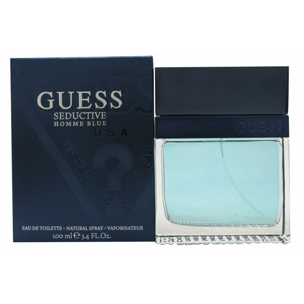 Blaues Parfümflakon und -verpackung. Auf der Verpackung steht "GUESS Seductive Homme Blue". Flakon mit blauem Deckel, hellblauer Flüssigkeit.
