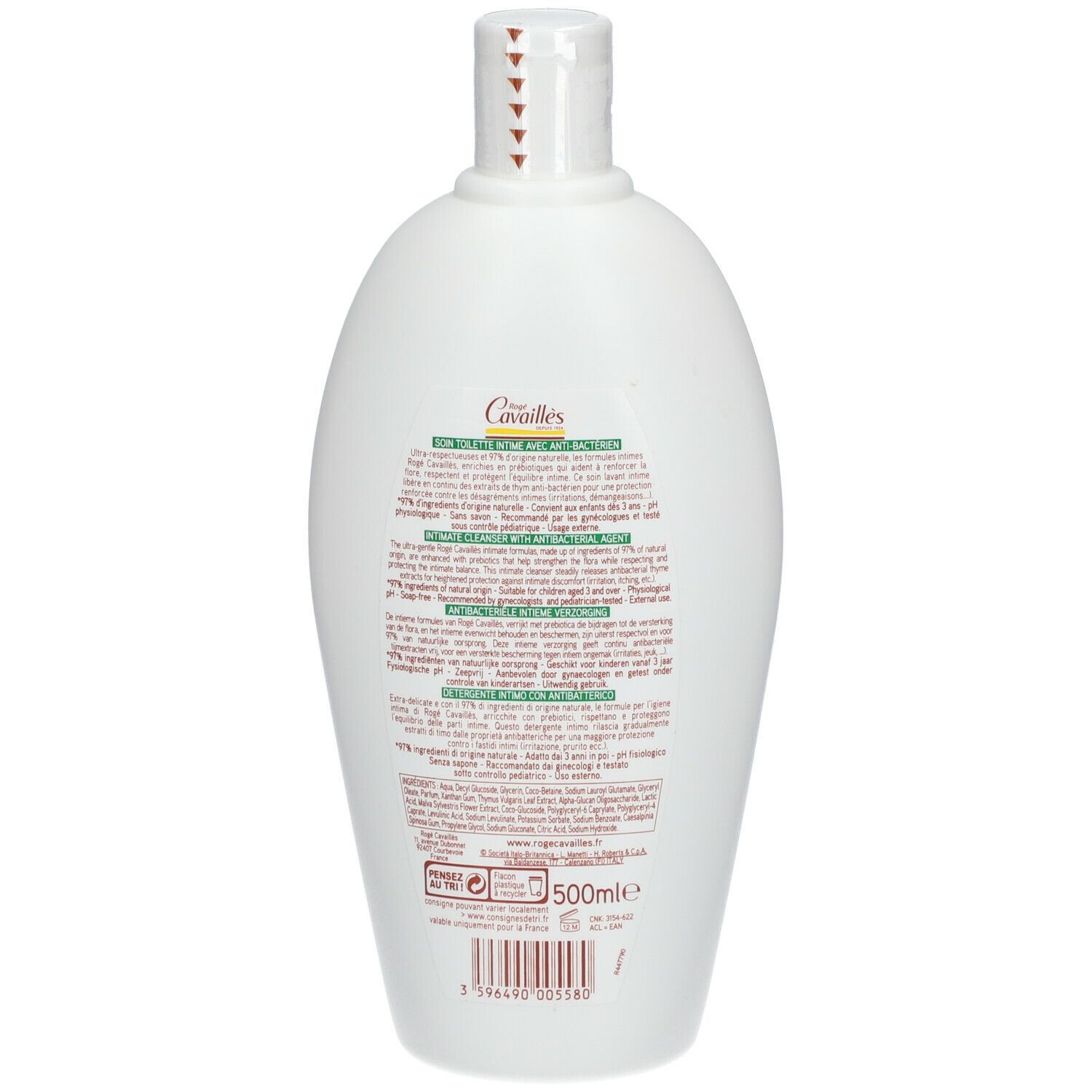 Rückseite einer weißen Flasche. Text: Rogé Cavaillès, Intimwaschlotion mit antibakteriellen Wirkstoffen. Inhaltsstoffe, Anwendungshinweise.