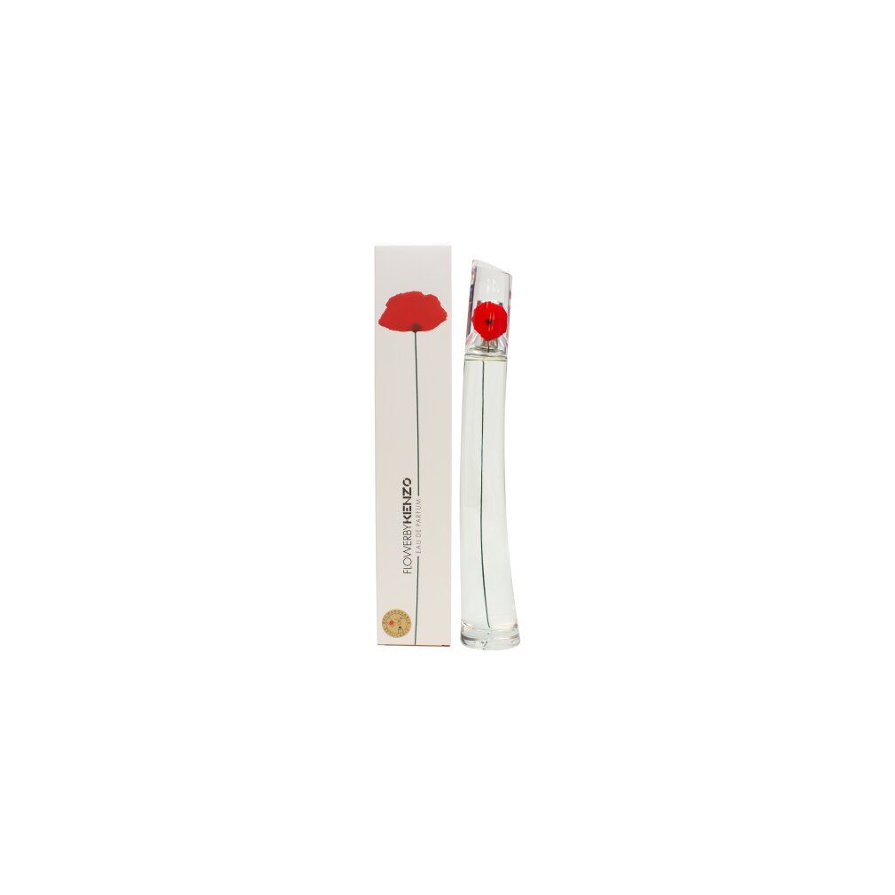 Parfümflakon und Verpackung. Flakon mit roter Blume. Weiße Verpackung mit roter Blume und Text.