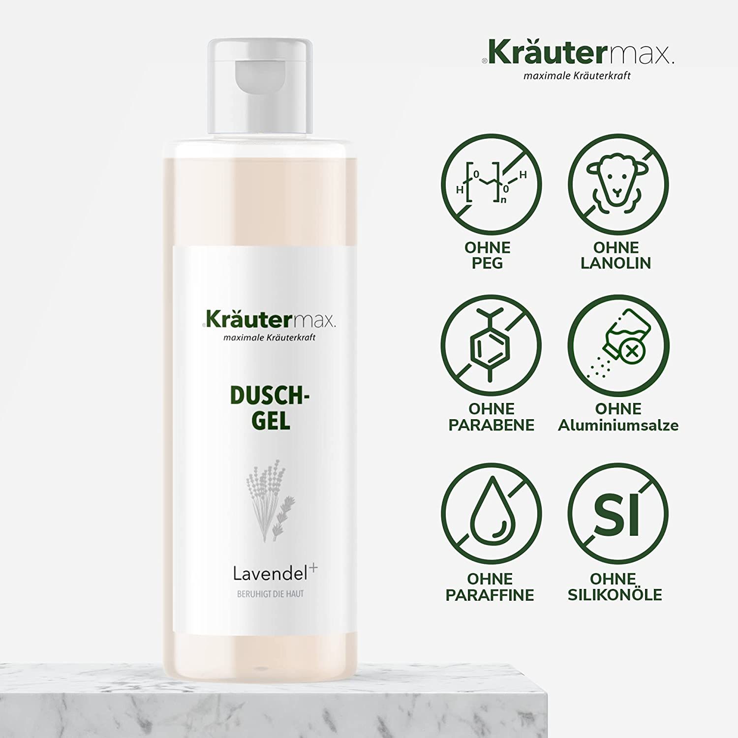 Duschgel-Flasche mit weißem Deckel. Text: Kräutermax, Duschgel, Lavendel+. Ohne PEG, Lanolin, Parabene, Aluminiumsalze, Paraffine, Silikonöle.