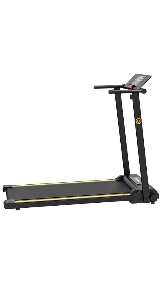 Schwarzes Laufband mit gelben Akzenten. Konsole mit Display und Bedienelementen. UREVO-Logo sichtbar.