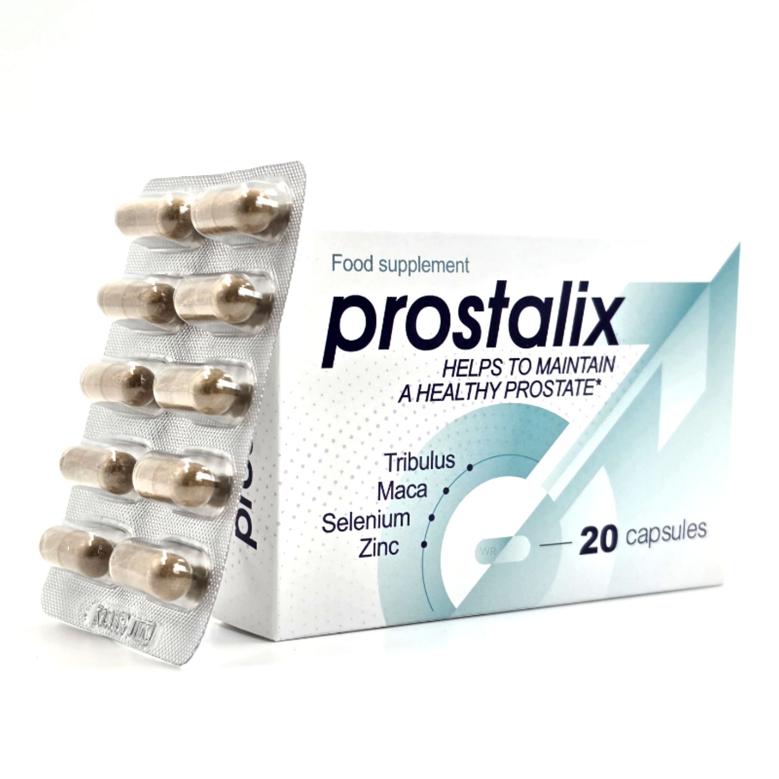 Prostalix Verpackung und Blisterpackung mit 10 von 20 Kapseln. Enthält Tribulus, Maca, Selen, Zink.