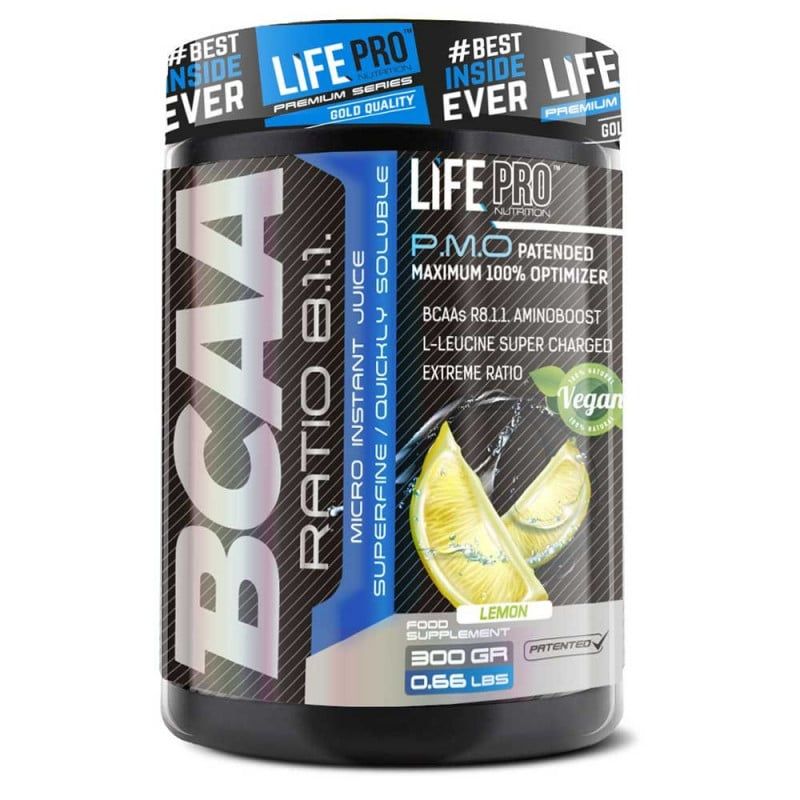 Dose mit BCAA 8:1:1. Aufschrift: Life Pro, BCAA Ratio 8.1.1, Vegan. Mit Zitronen-Abbildung. 300 g.