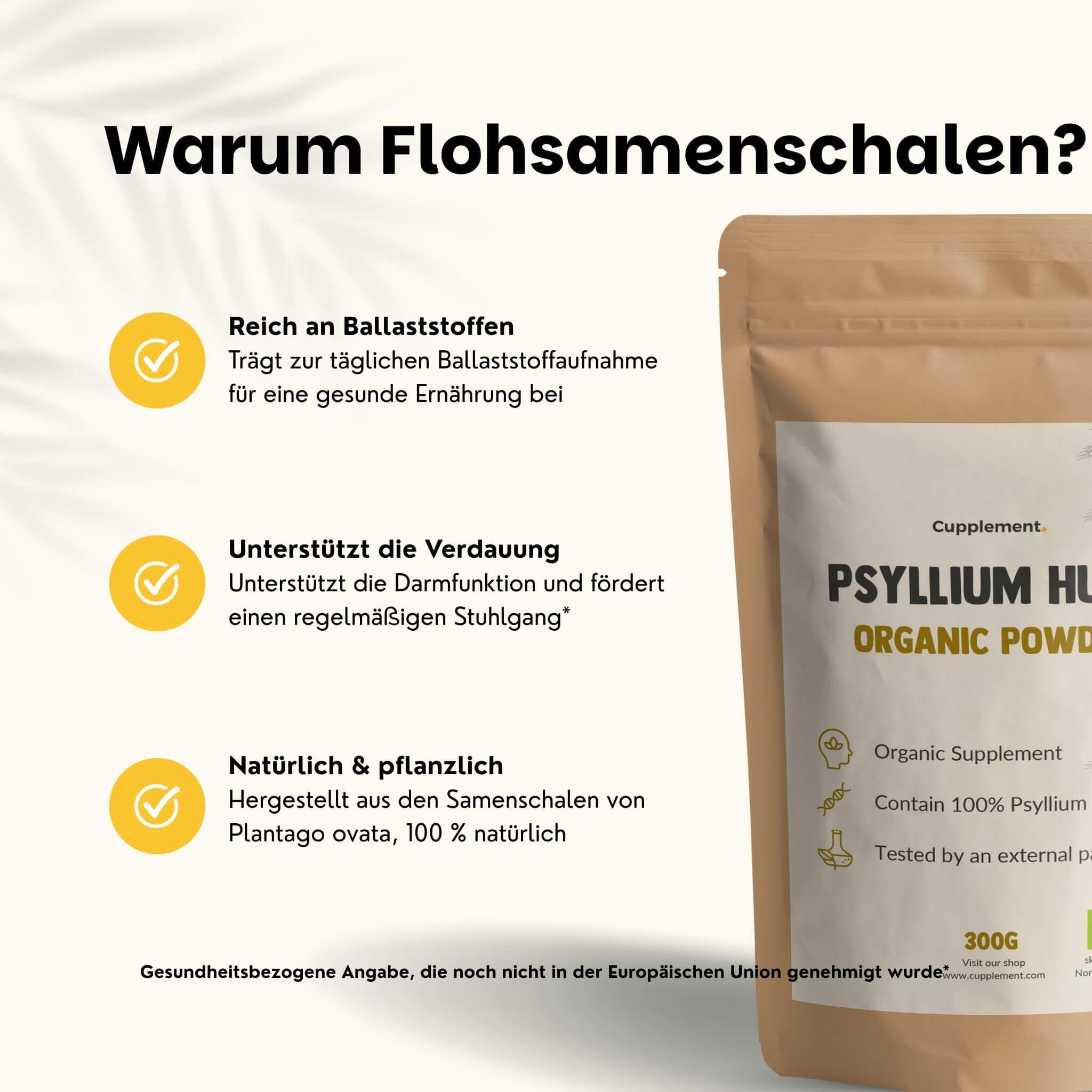 Text: Enthält nur 1 Zutat. Bio Flohsamenschalen. 100% natürlich, vegan, biologisch. Braunes Pulver. Grüne Kreise.