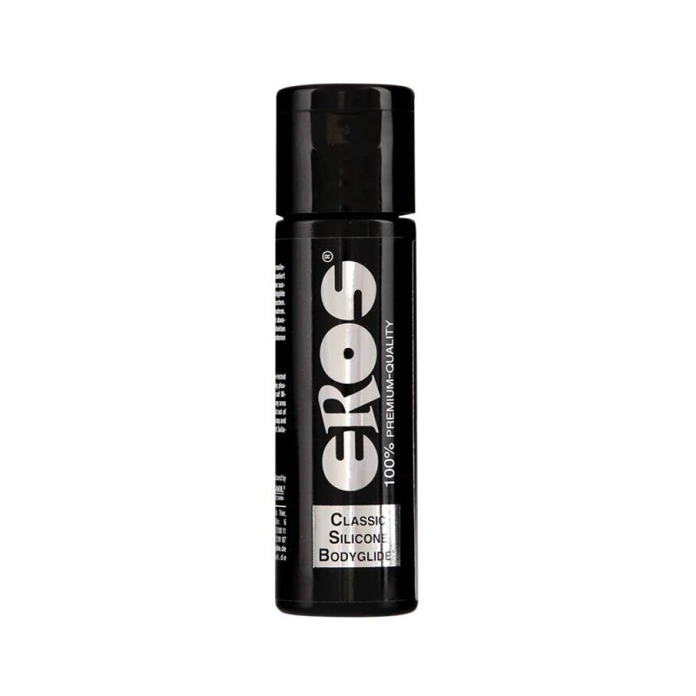 Schwarze Flasche EROS Classic Silicone Bodyglide, aufrecht stehend.
