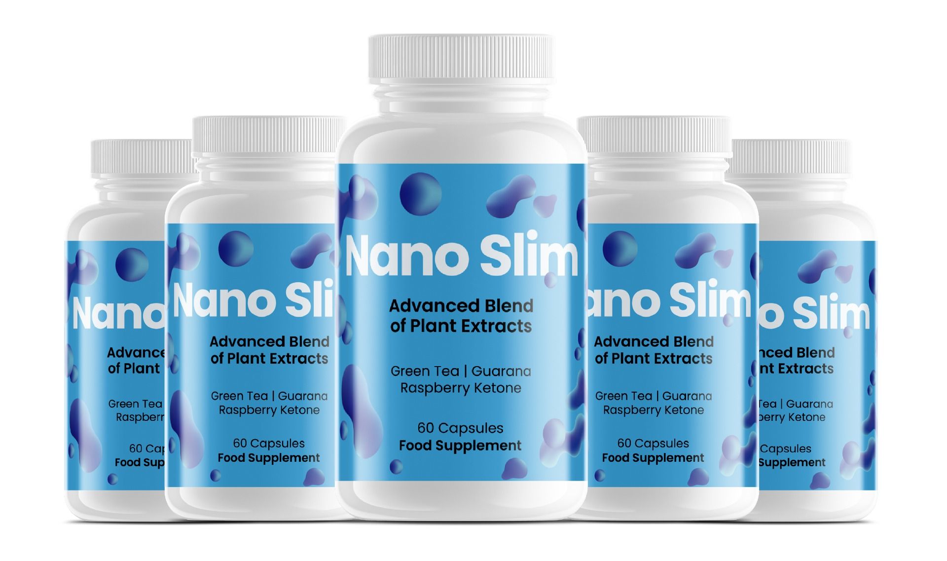 Fünf weiße Flaschen mit blauem Etikett. Aufschrift: Nano Slim, Advanced Blend of Plant Extracts, 60 Capsules, Food Supplement.