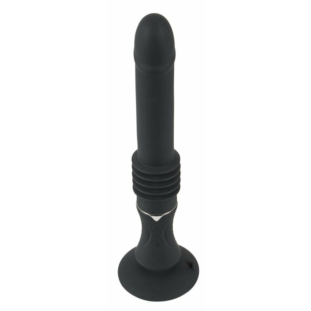 Schwarzer Vibrator mit abgerundeter Spitze, geriffelter Mitte und Saugfuß. Silberfarbene Akzente.
